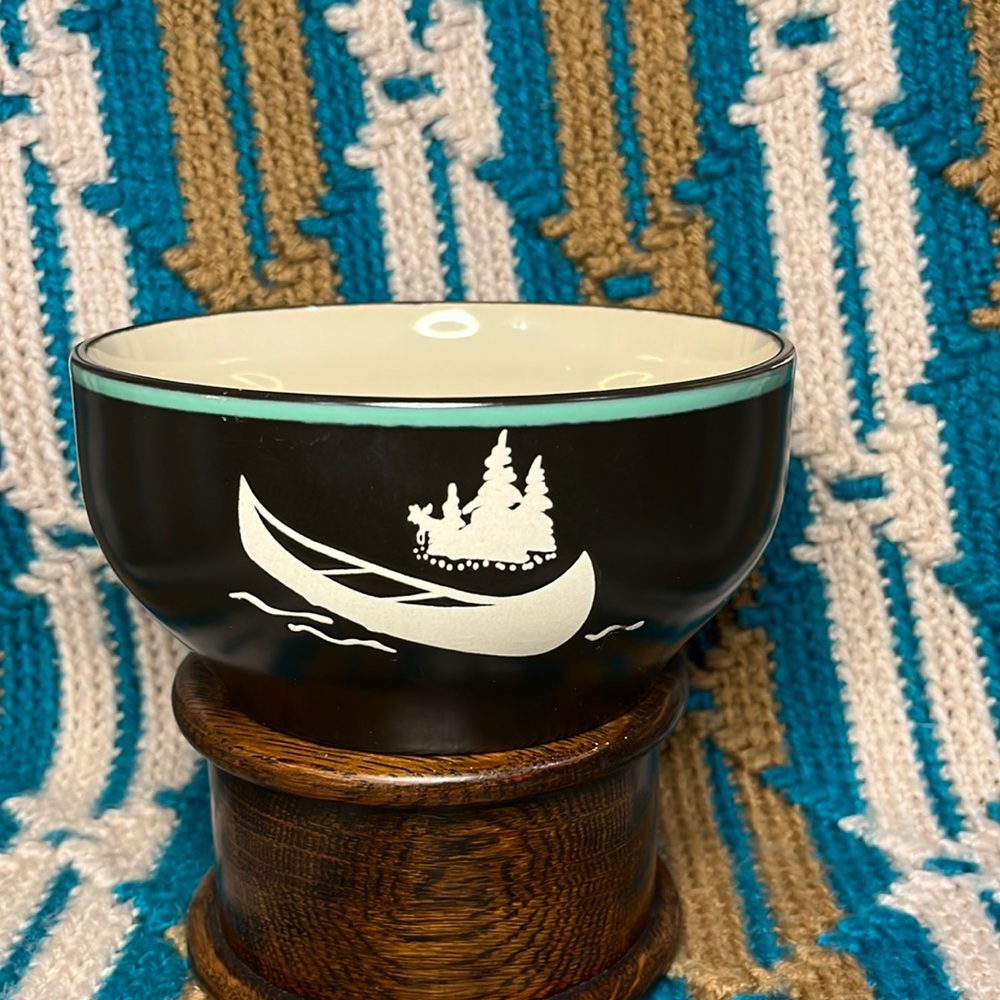 Bass Pro Shop Canoe and Pine Tree Soup Cereal Bowl black and cream green accent
